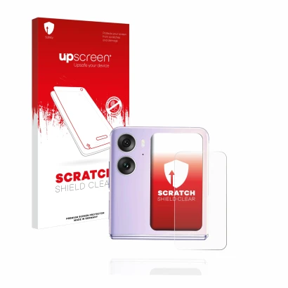 Face avant d’un emballage produit avec le logo de la marque upscreen. À côté, l’appareil Oppo Find N2 Flip (Affichage arrière)
