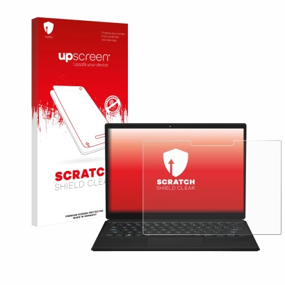 Face avant d’un emballage produit avec le logo de la marque upscreen. À côté, l’appareil ASUS ROG Flow Z13 2023 est représenté