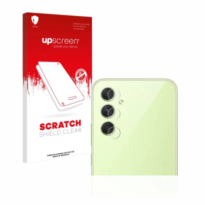 Face avant d’un emballage produit avec le logo de la marque upscreen. À côté, l’appareil Samsung Galaxy A54 5G (Caméra UNIQUEM