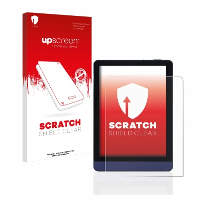 Face avant d’un emballage produit avec le logo de la marque upscreen. À côté, l’appareil Meebook M6 6" est représenté avec la