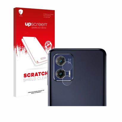 Face avant d’un emballage produit avec le logo de la marque upscreen. À côté, l’appareil Motorola Moto G73 5G (Caméra UNIQUEME