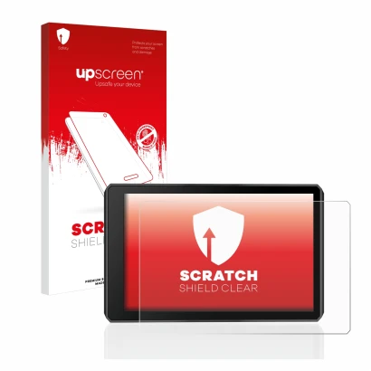 Face avant d’un emballage produit avec le logo de la marque upscreen. À côté, l’appareil Garmin zumo XT2 est représenté avec l