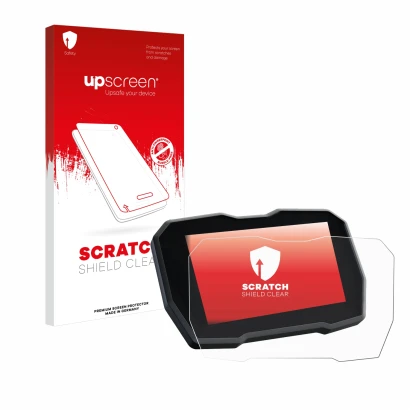 Face avant d’un emballage produit avec le logo de la marque upscreen. À côté, l’appareil Ducati Multistrada V4 2021+ est repré