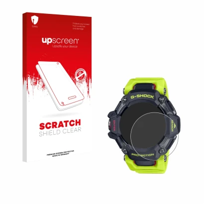 Face avant d’un emballage produit avec le logo de la marque upscreen. À côté, l’appareil Casio G-Shock GBD-H2000 est représent