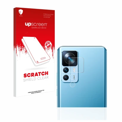 Face avant d’un emballage produit avec le logo de la marque upscreen. À côté, l’appareil Xiaomi 12T (Caméra UNIQUEMENT) est re