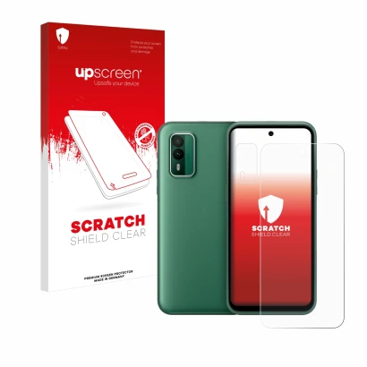 Face avant d’un emballage produit avec le logo de la marque upscreen. À côté, l’appareil Nokia XR21 (Avant+Caméra) est représe