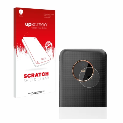Face avant d’un emballage produit avec le logo de la marque upscreen. À côté, l’appareil Gigaset GX6 (Caméra UNIQUEMENT) est r