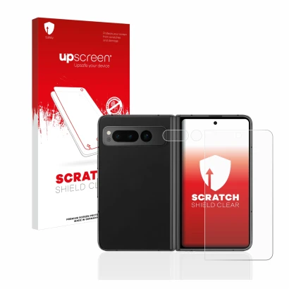 Face avant d’un emballage produit avec le logo de la marque upscreen. À côté, l’appareil Google Pixel Fold (Avant+Caméra) est 