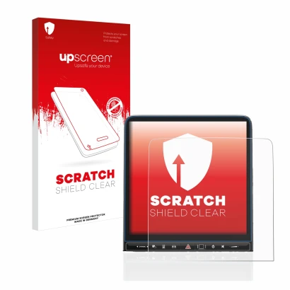 Face avant d’un emballage produit avec le logo de la marque upscreen. À côté, l’appareil Mercedes-Benz EQS 2022-2023 est repré