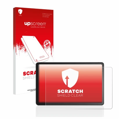 Face avant d’un emballage produit avec le logo de la marque upscreen. À côté, l’appareil Amazon Fire Max 11 est représenté ave