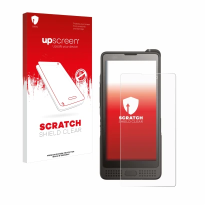 Face avant d’un emballage produit avec le logo de la marque upscreen. À côté, l’appareil Sonim XP10 est représenté avec la pro