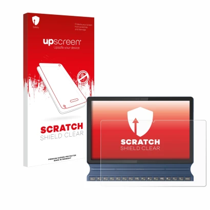 Face avant d’un emballage produit avec le logo de la marque upscreen. À côté, l’appareil Lenovo IdeaPad Duet 3i Gen 8 11" est 