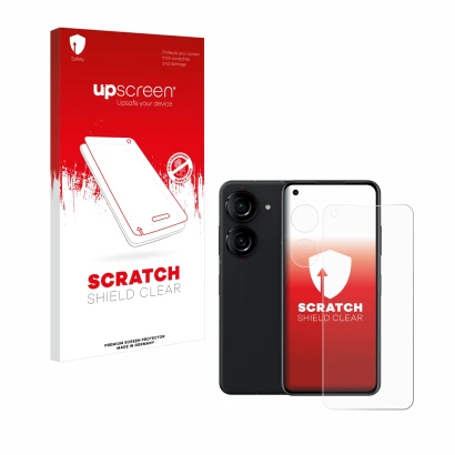 Face avant d’un emballage produit avec le logo de la marque upscreen. À côté, l’appareil ASUS ZenFone 10 (Avant+Caméra) est re