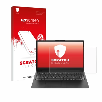 Face avant d’un emballage produit avec le logo de la marque upscreen. À côté, l’appareil Lenovo V15 Gen 4 AMN est représenté a