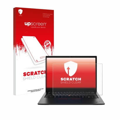 Face avant d’un emballage produit avec le logo de la marque upscreen. À côté, l’appareil Lenovo ThinkPad L13 Gen 4 Touch est r