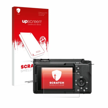 Face avant d’un emballage produit avec le logo de la marque upscreen. À côté, l’appareil Sony Alpha ZV-E1 est représenté avec 