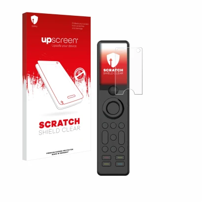 Face avant d’un emballage produit avec le logo de la marque upscreen. À côté, l’appareil Sofabaton X1 est représenté avec la p