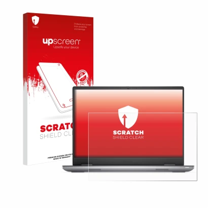 Face avant d’un emballage produit avec le logo de la marque upscreen. À côté, l’appareil Dell Precision 7680 Non-Touch est rep