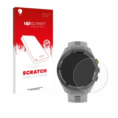 Face avant d’un emballage produit avec le logo de la marque upscreen. À côté, l’appareil Garmin Approach S70 (42 mm) est repré