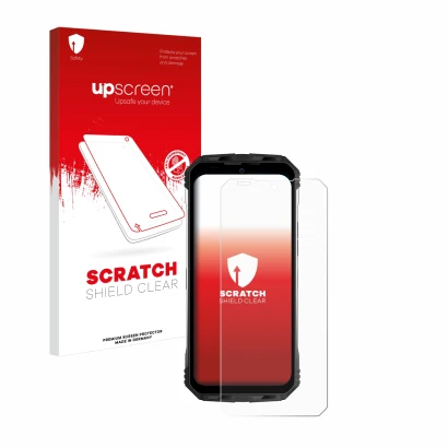 Face avant d’un emballage produit avec le logo de la marque upscreen. À côté, l’appareil Doogee S100 Pro est représenté avec l