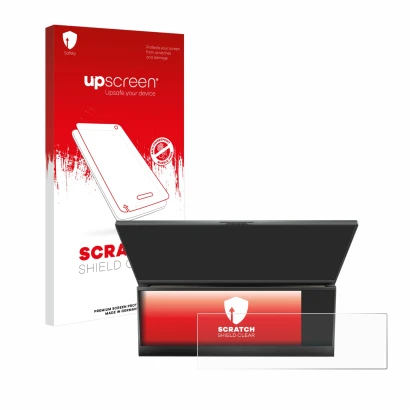 Face avant d’un emballage produit avec le logo de la marque upscreen. À côté, l’appareil ASUS ROG Zephyrus Duo 16 2023 (Touch 