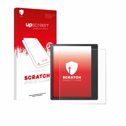 Face avant d’un emballage produit avec le logo de la marque upscreen. À côté, l’appareil Kobo Elipsa 2E est représenté avec la