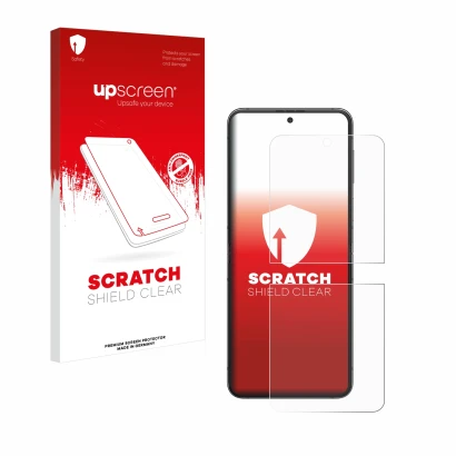 Face avant d’un emballage produit avec le logo de la marque upscreen. À côté, l’appareil Samsung Galaxy Z Flip 5 est représent