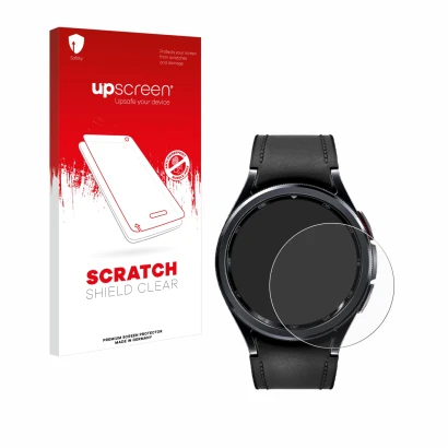 Face avant d’un emballage produit avec le logo de la marque upscreen. À côté, l’appareil Samsung Galaxy Watch 6 Classic (47 mm