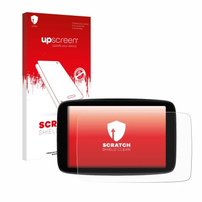 Face avant d’un emballage produit avec le logo de la marque upscreen. À côté, l’appareil TomTom GO Expert Plus 7" est représen