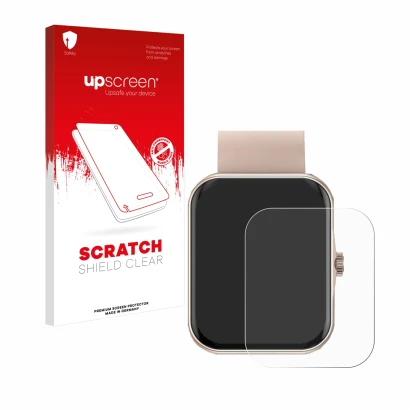 Face avant d’un emballage produit avec le logo de la marque upscreen. À côté, l’appareil Mutoy Smartwatch 1.83" est représenté