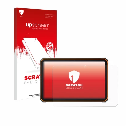 Face avant d’un emballage produit avec le logo de la marque upscreen. À côté, l’appareil Blackview Active 8 Pro 10.36" est rep