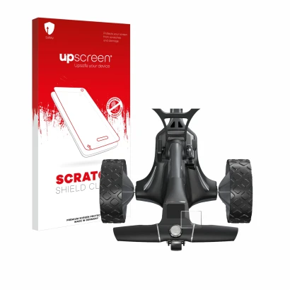 Face avant d’un emballage produit avec le logo de la marque upscreen. À côté, l’appareil Motocaddy M7 GPS Electric Trolley est