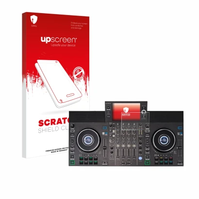 Face avant d’un emballage produit avec le logo de la marque upscreen. À côté, l’appareil Denon DJ SC LIVE 4 est représenté ave