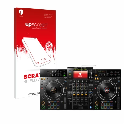 Face avant d’un emballage produit avec le logo de la marque upscreen. À côté, l’appareil Pioneer XDJ -XZ est représenté avec l