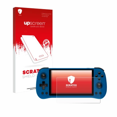 Face avant d’un emballage produit avec le logo de la marque upscreen. À côté, l’appareil Powkiddy X55 est représenté avec la p