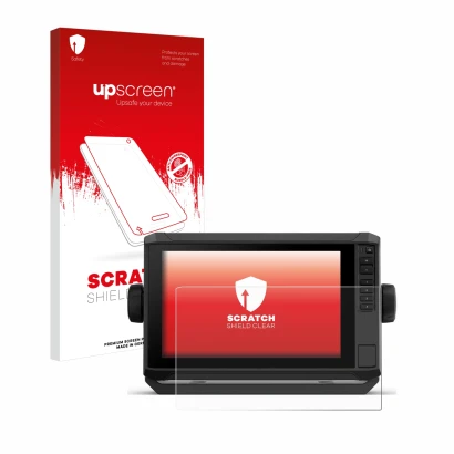 Face avant d’un emballage produit avec le logo de la marque upscreen. À côté, l’appareil Garmin ECHOMAP UHD2 9" est représenté