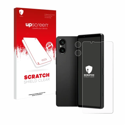 Face avant d’un emballage produit avec le logo de la marque upscreen. À côté, l’appareil Sony Xperia 5 V (Avant+Caméra) est re