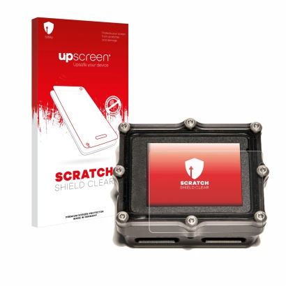 Face avant d’un emballage produit avec le logo de la marque upscreen. À côté, l’appareil Shearwater Petrel 2 dive computer est