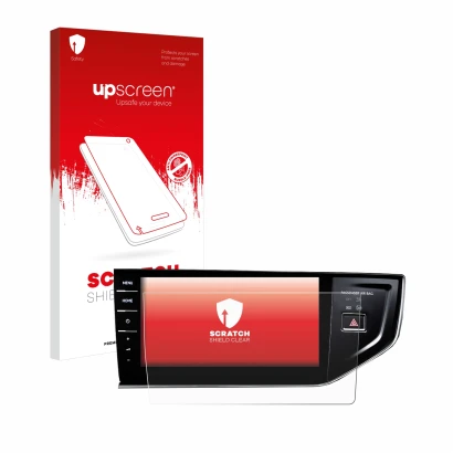 Face avant d’un emballage produit avec le logo de la marque upscreen. À côté, l’appareil Volkswagen Polo VI Discover Pro 9,2" 