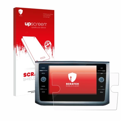 Face avant d’un emballage produit avec le logo de la marque upscreen. À côté, l’appareil Volkswagen Passat B8 Discover Media 8