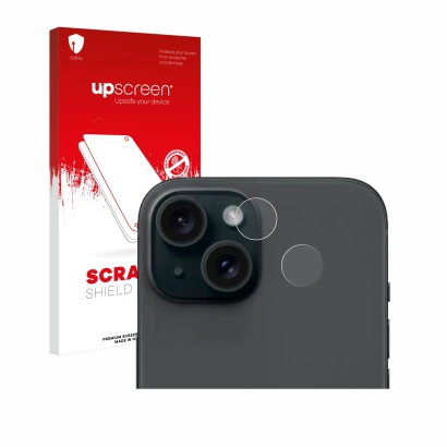 Face avant d’un emballage produit avec le logo de la marque upscreen. À côté, l’appareil Apple iPhone 15 (Caméra UNIQUEMENT) e