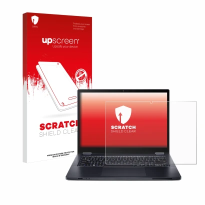 Face avant d’un emballage produit avec le logo de la marque upscreen. À côté, l’appareil Acer TravelMate Spin P4 14" 16:10 est