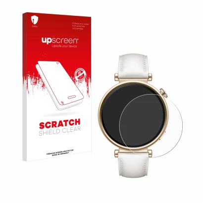Face avant d’un emballage produit avec le logo de la marque upscreen. À côté, l’appareil Huawei Watch GT 4 (41mm) est représen
