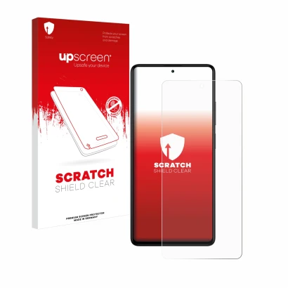 Face avant d’un emballage produit avec le logo de la marque upscreen. À côté, l’appareil Xiaomi Redmi Note 12 Pro+ est représe
