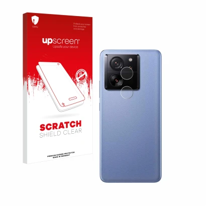 Face avant d’un emballage produit avec le logo de la marque upscreen. À côté, l’appareil Xiaomi 13T Pro (Caméra UNIQUEMENT) es