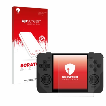 Face avant d’un emballage produit avec le logo de la marque upscreen. À côté, l’appareil Powkiddy RGB30 est représenté avec la