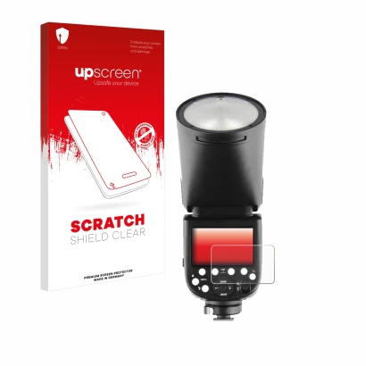 Face avant d’un emballage produit avec le logo de la marque upscreen. À côté, l’appareil Godox V1 est représenté avec la prote