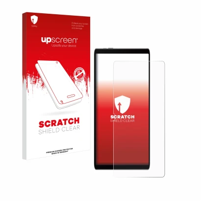Face avant d’un emballage produit avec le logo de la marque upscreen. À côté, l’appareil Samsung Galaxy Tab S9 FE est représen