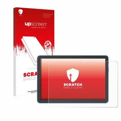 Face avant d’un emballage produit avec le logo de la marque upscreen. À côté, l’appareil Amazon Fire HD 10 2023 (13e Gen.) est