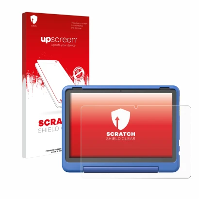 Face avant d’un emballage produit avec le logo de la marque upscreen. À côté, l’appareil Amazon Fire HD 10 Kids Pro 2023 est r